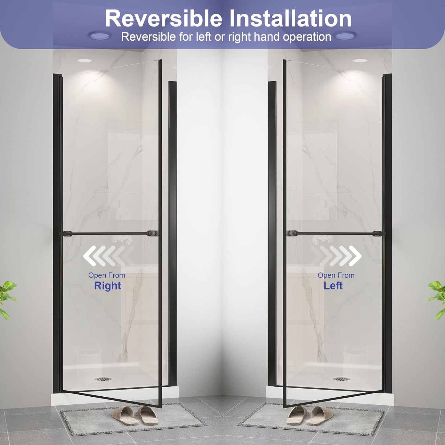 KPUY 72" H Frameless Pivot Shower Door | Swing Design | Adjustable Width (24" - 38")