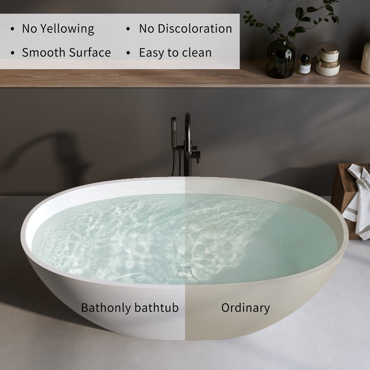Solid Surface Matte Tub, Solid Surface Soaking Tub, Stone Resin Freestanding Bathtub, Thick Edge Stand Alone Tubs with Overflow, Pop-up Drain, Matte White
