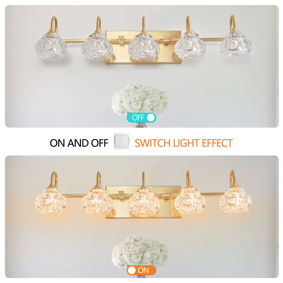 29" Modern Crystal Bathroom Vanity Light, 5-Light Golden Wall Sconce with Clear Glass Shade, Elegant Wall Mount Lighting for Bathroom, Powder Room, or Vanity Mirror (No Bulbs)