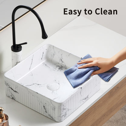 KPUY 15" Fluted Soft Square Vessel Sink Set with Black Faucet | Black & White Marble