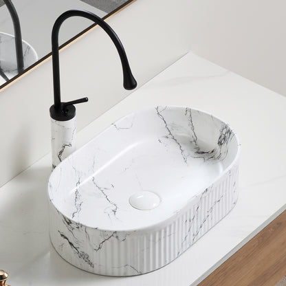 KPUY 19" x 12" Oval Vessel Sink Set with Faucet & Drain | Black & White Marble Ceramic