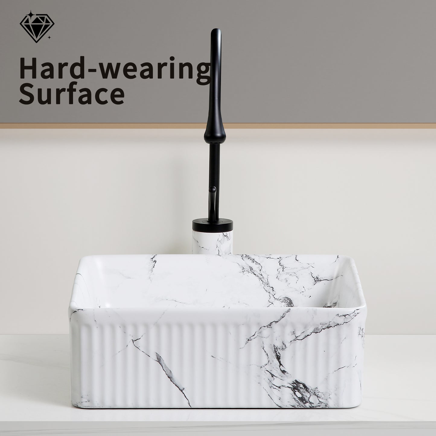 KPUY 15" Fluted Soft Square Vessel Sink Set with Black Faucet | Black & White Marble