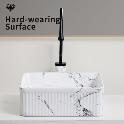 KPUY 15" Fluted Soft Square Vessel Sink Set with Black Faucet | Black & White Marble