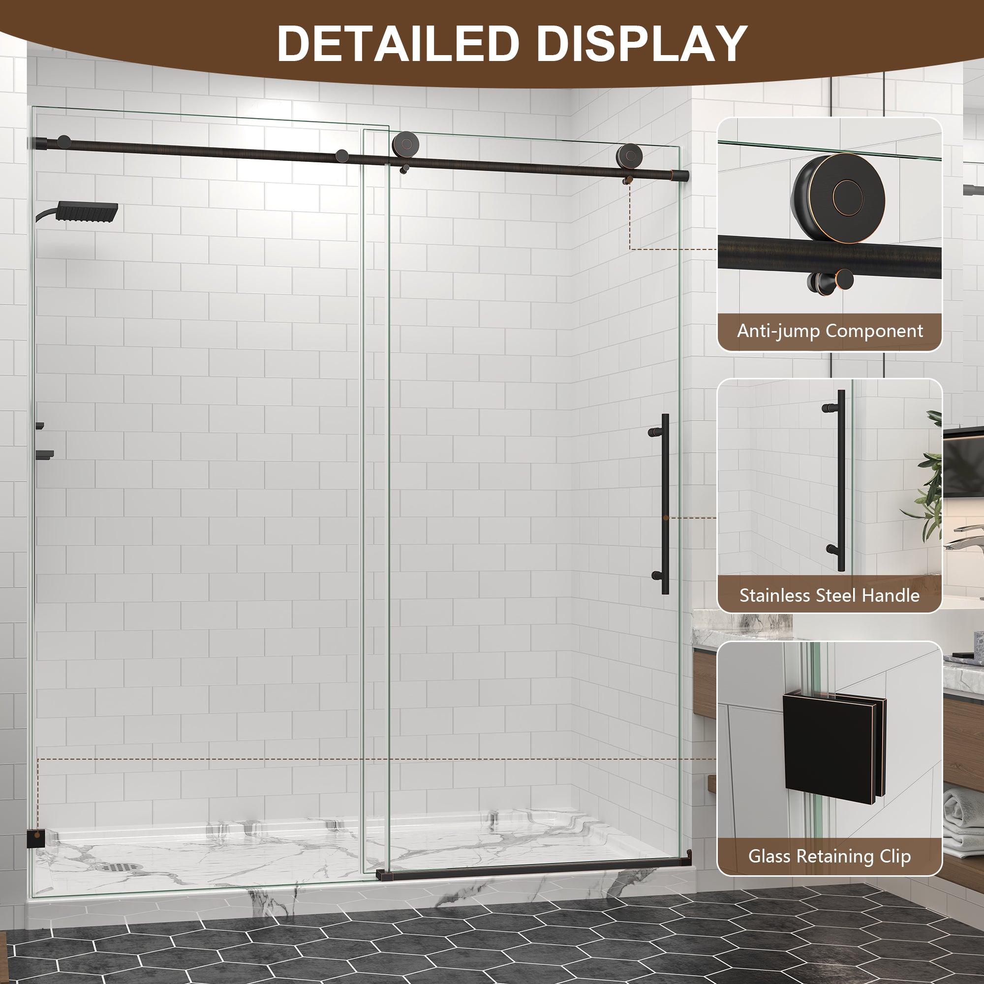 55–60, 61–65 & 67–72 in. W x 76 in. H Frameless Sliding Shower Door, 5/16 in. Clear Glass – Oil Rubbed Bronze