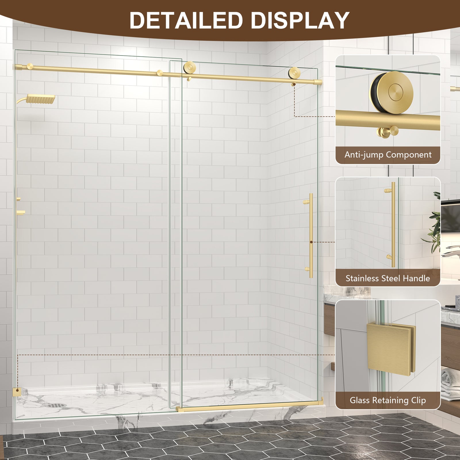 55–60, 61–65 & 67–72 in. W x 76 in. H Frameless Sliding Shower Door, 5/16 in. Clear Glass – Brushed Gold