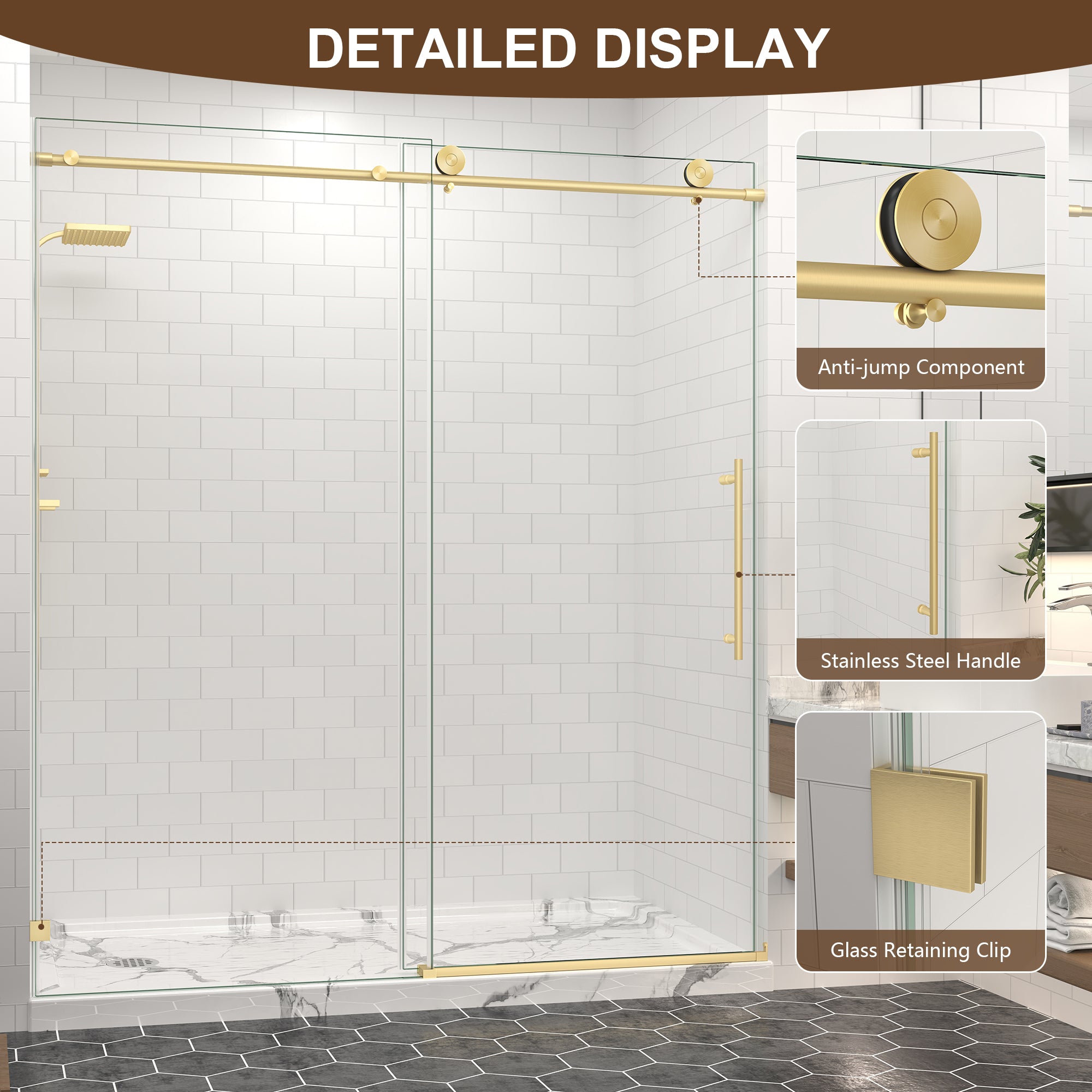 55–60, 61–65 & 67–72 in. W x 76 in. H Frameless Sliding Shower Door, 5/16 in. Clear Glass – Brushed Gold