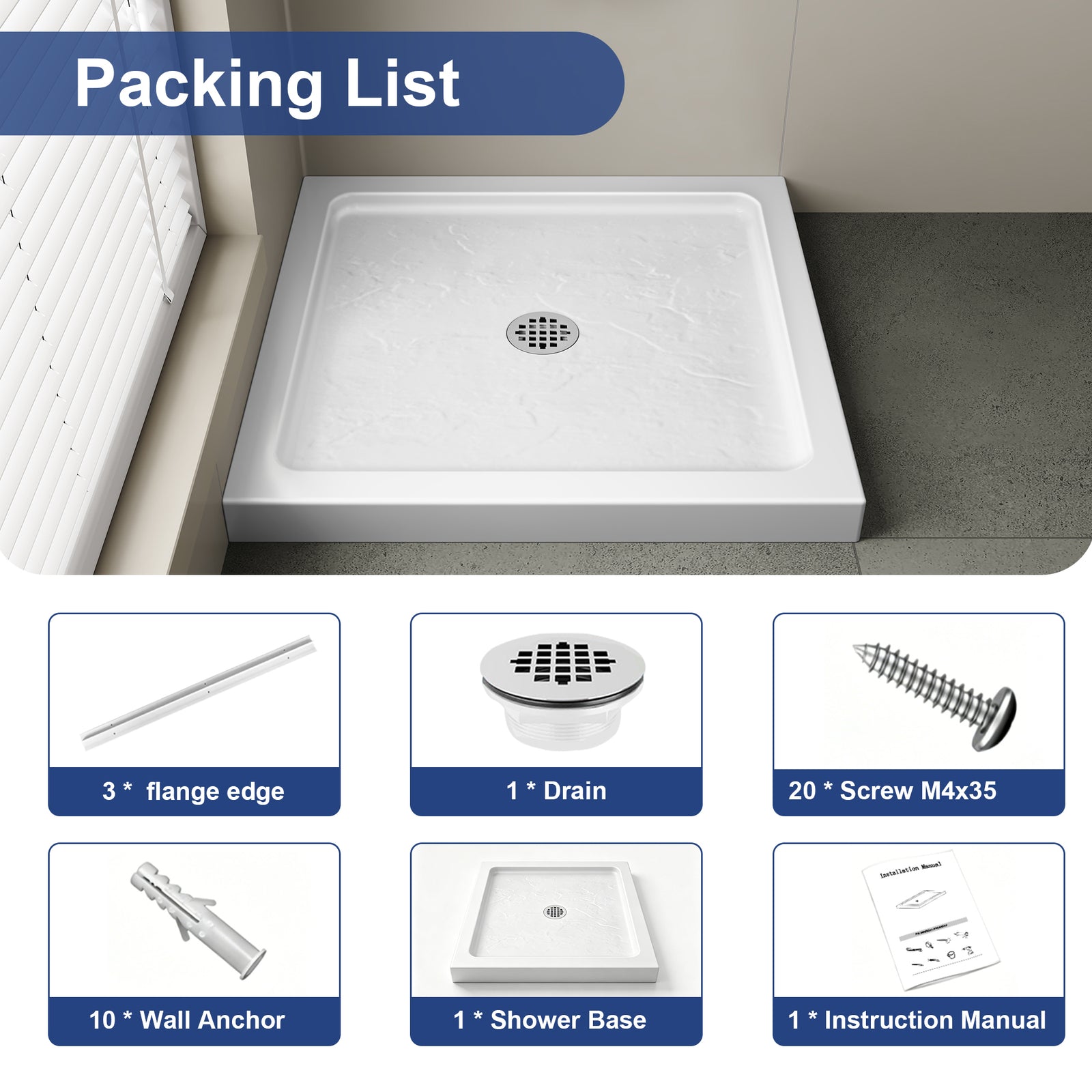 White Square Shower Base Series – 32 x 32 & 36 x 36 Inch