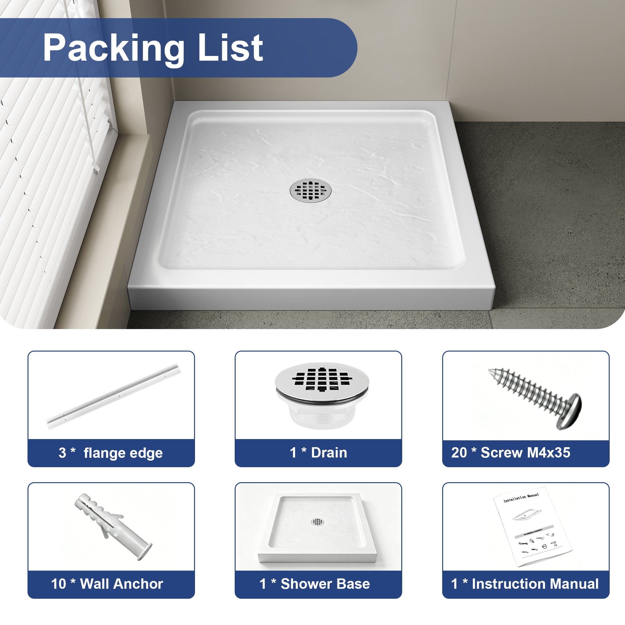 White Square Shower Base Series – 32 x 32 & 36 x 36 Inch