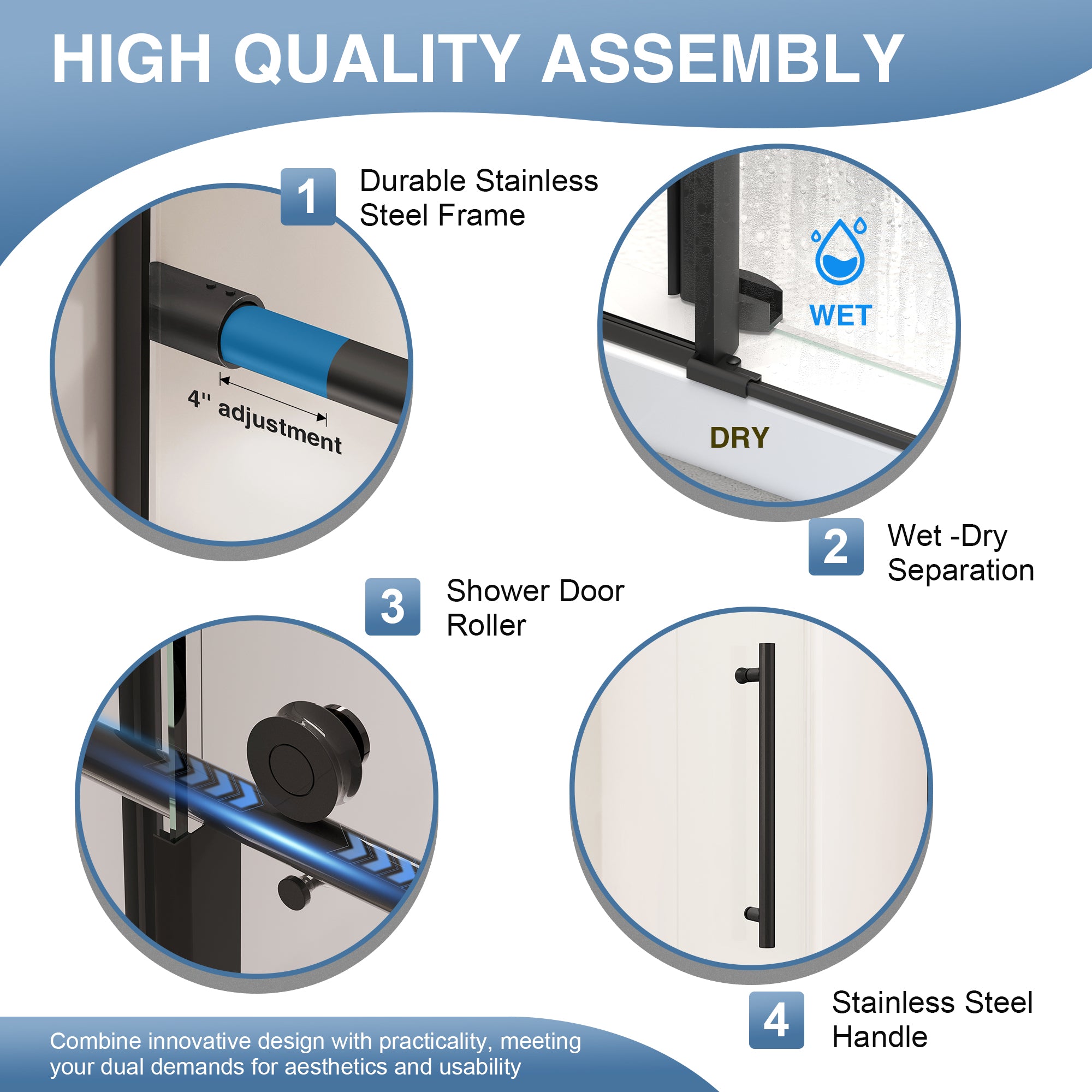 KPUY S9811 Frameless Sliding Shower Door - 56-60" x 76" Wide Matte Black Glass Enclosure-KPUY