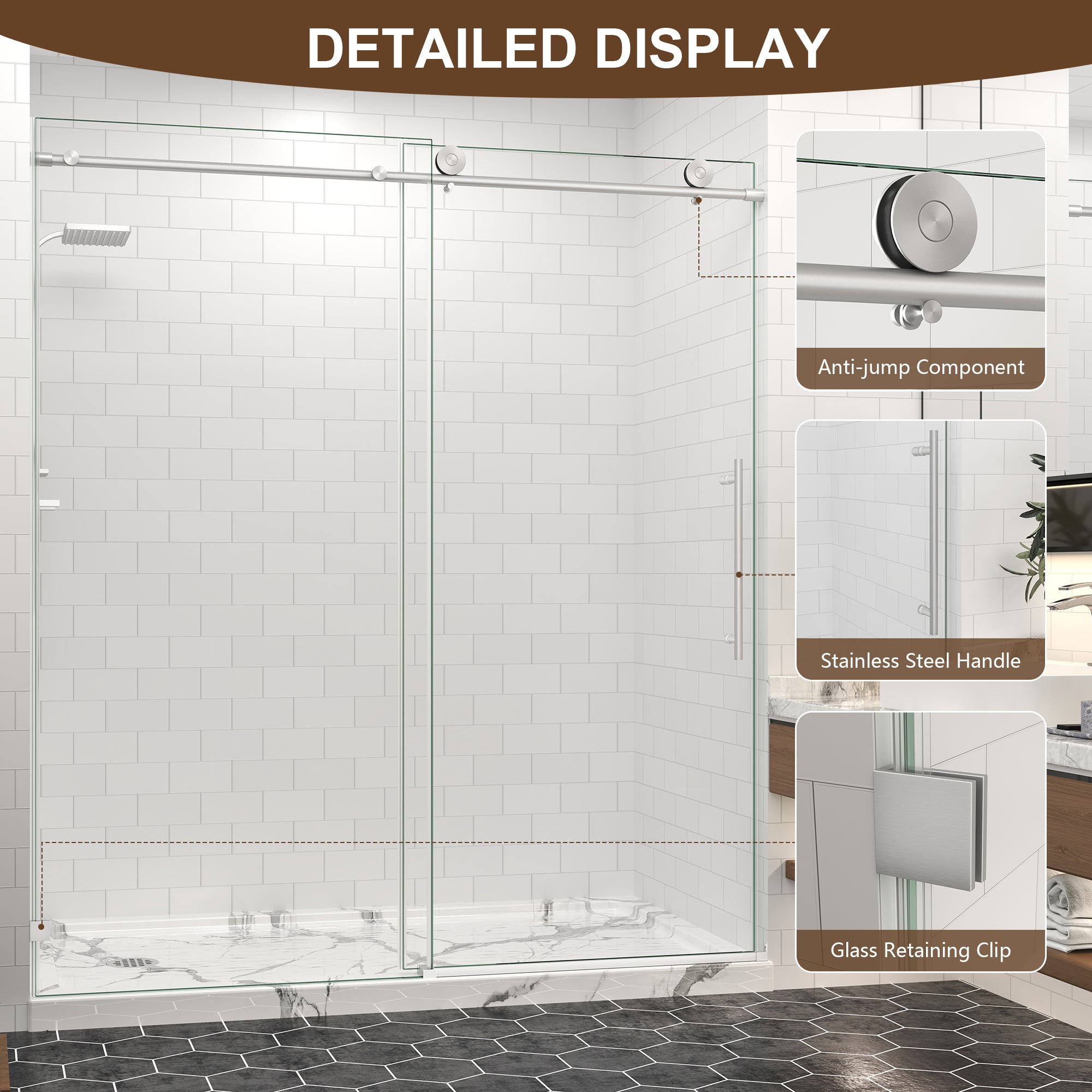 55–60, 61–65 & 67–72 in. W x 76 in. H Frameless Sliding Shower Door, 5/16 in. Clear Glass – Brushed Nickel