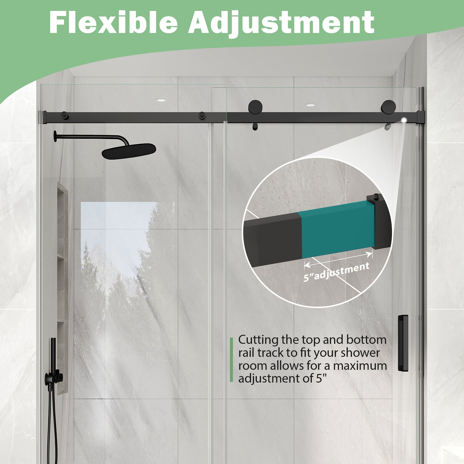 Matte Black Frameless Shower Door, 55–60 in. W x 76 in. H, Sliding Glass Shower Door, Model S9711B