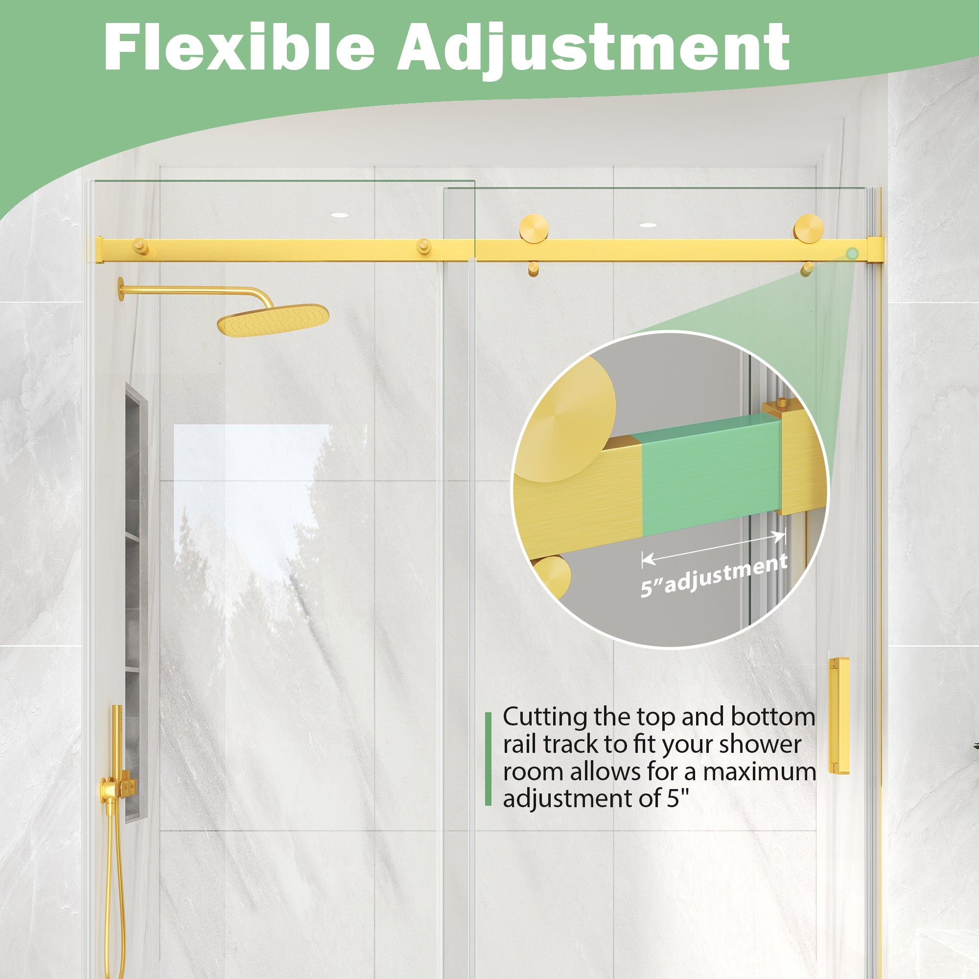 Brushed Gold Frameless Shower Door, 49–54 in. W x 76 in. H, Sliding Glass Shower Door, Model S9711B