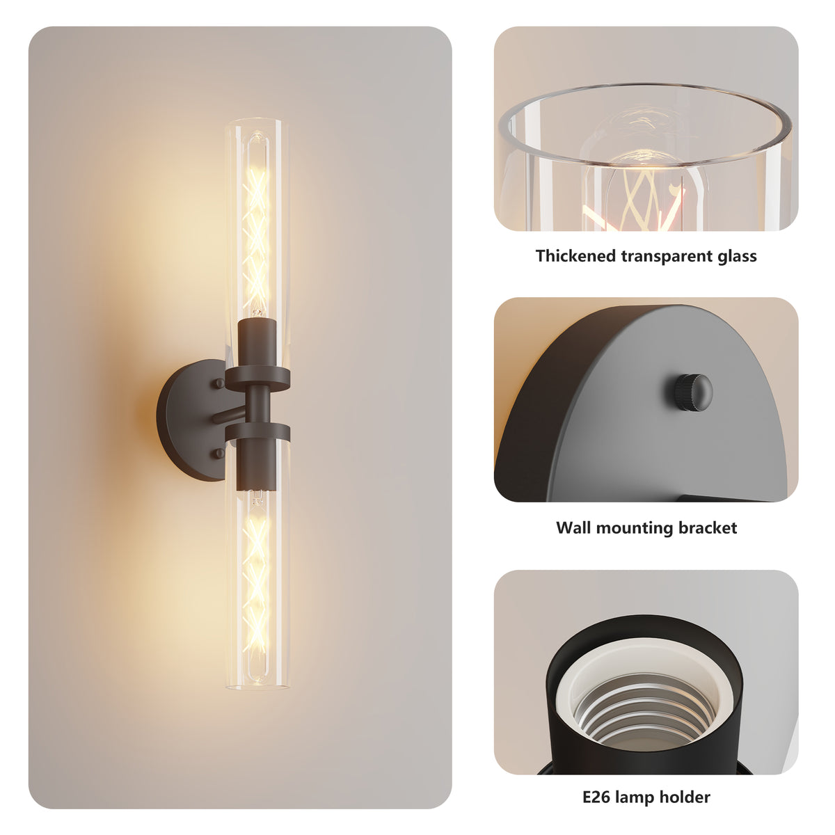 Wall Sconces Set of Two, Hardwired Matte Black Bathroom Sconces Wall Lighting with Clear Glass, Modern Sconces Wall Decor Set of 2 Wall Light fixtures for Bathroom Mirror Hallway (Bulbs Not Included)
