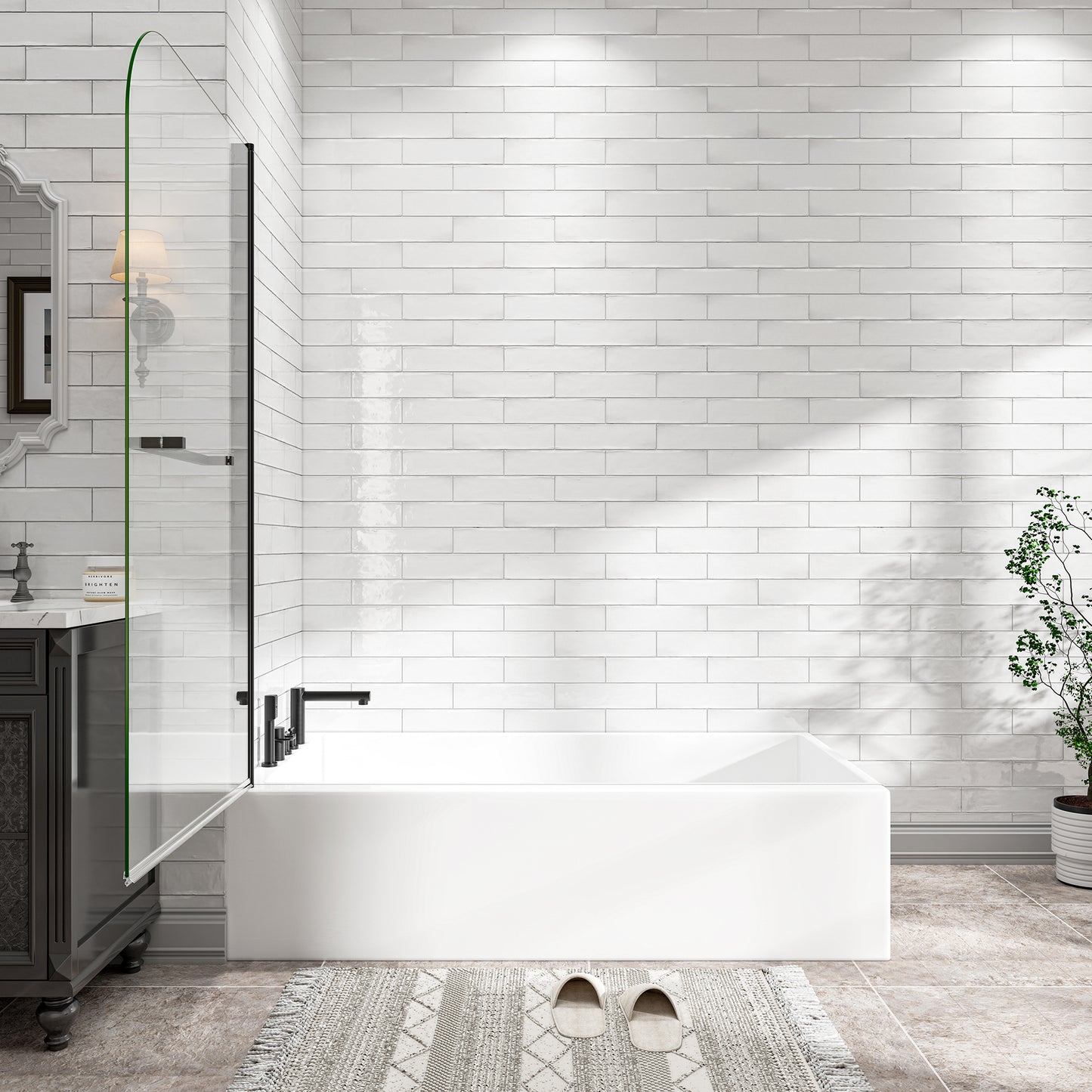 KPUY 32" x 55" Frameless Bathtub Screen | 180° Pivot Shower Door | Reversible