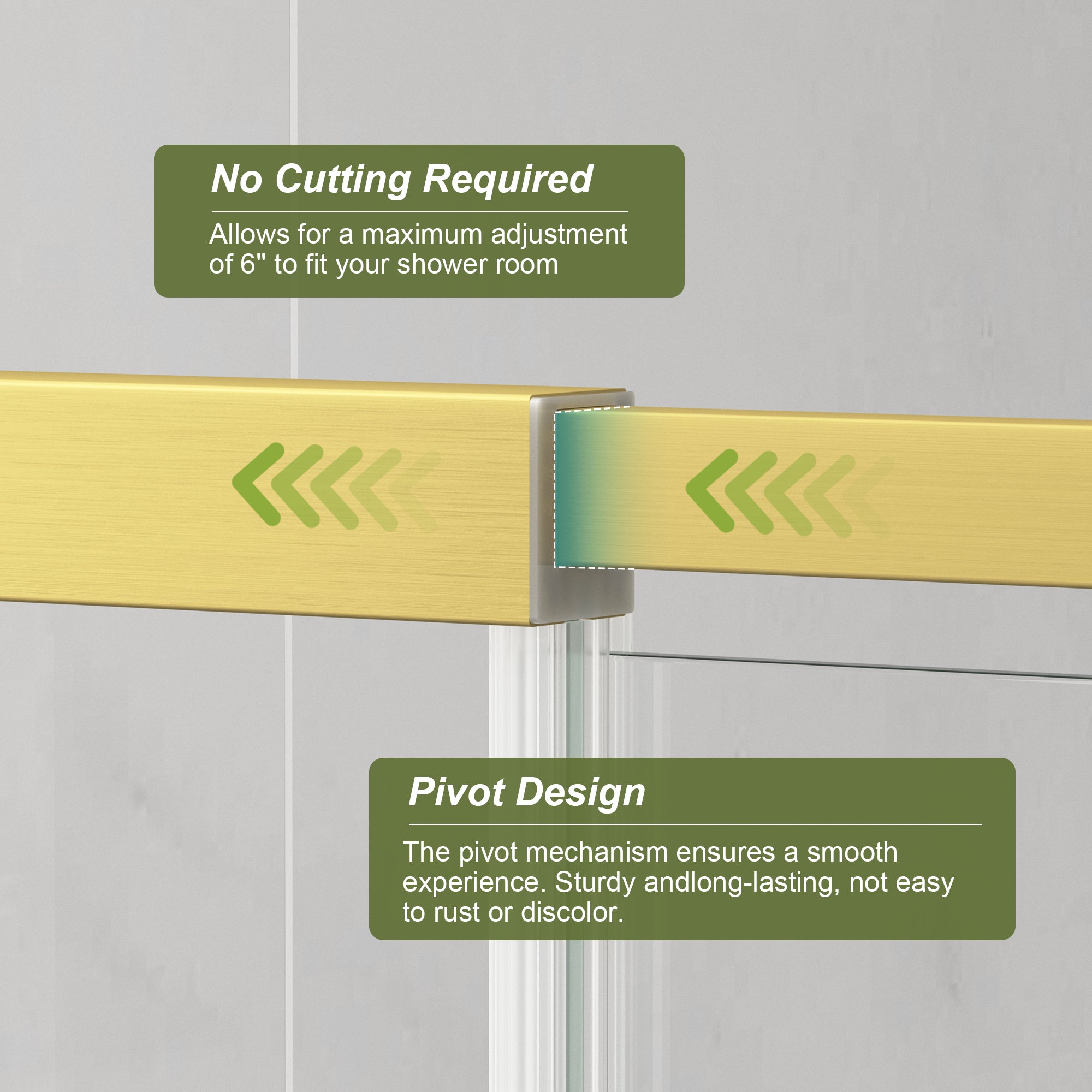 KPUY Semi-Frameless Pivot Shower Door, 1/4" Tempered Glass, Brushed Gold – 36–42" & 42–48" W x 72" H