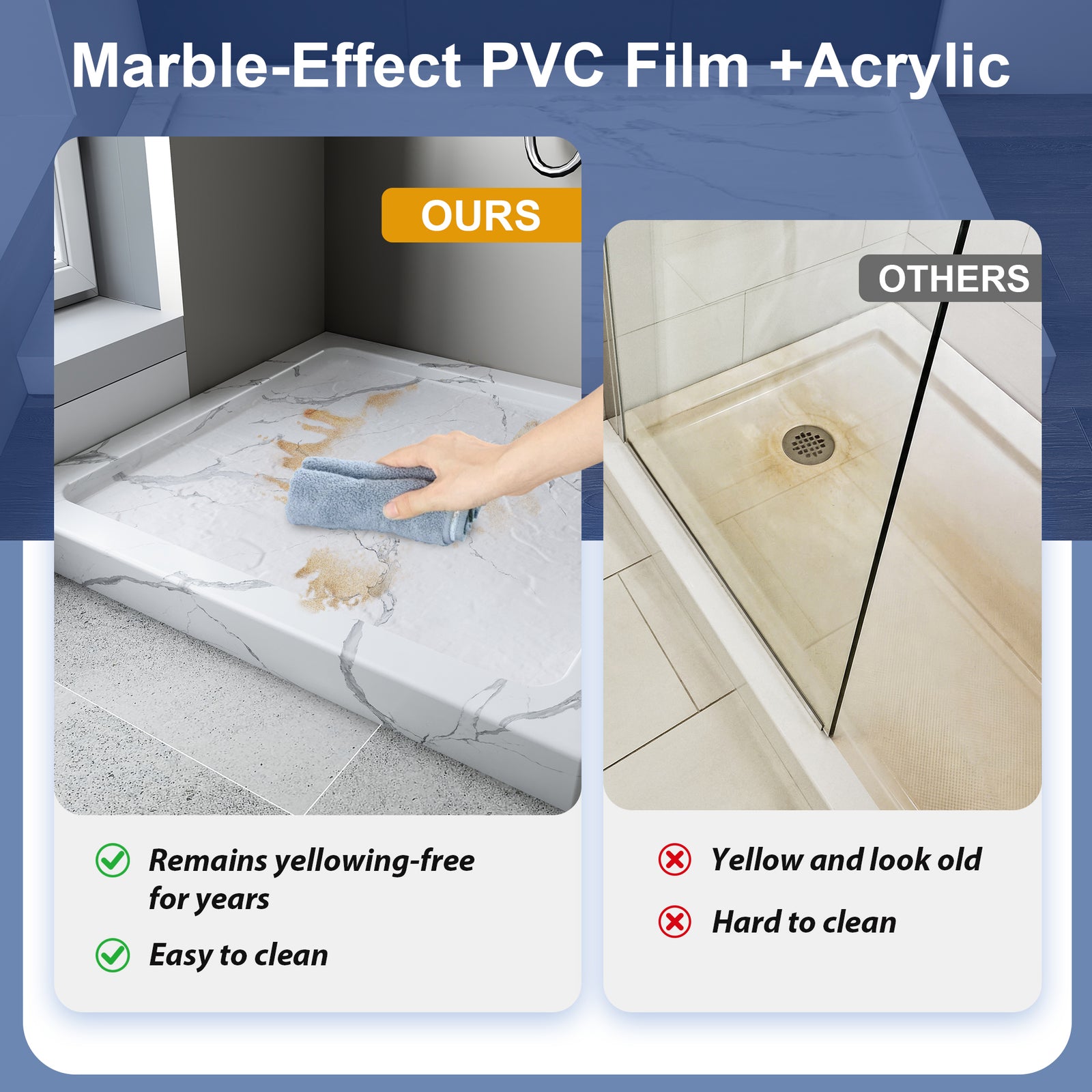 KPUY Square Acrylic/ABS Shower Base Pan with Center Drain, Carrara White Stone-Look