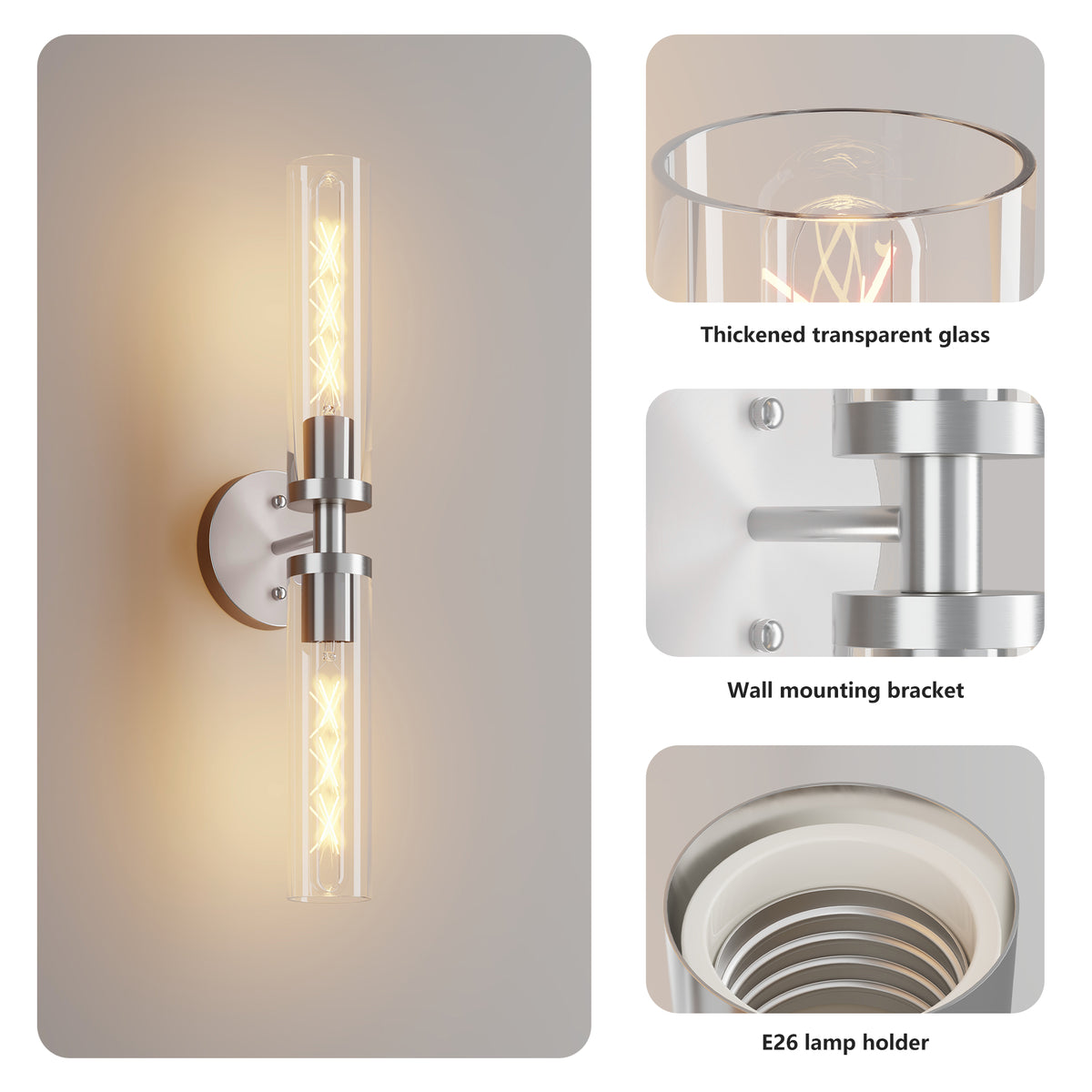 Wall Sconces Set of Two, Hardwired Brushed Nickel Bathroom Sconces Wall Lighting with Clear Glass, Modern Sconces Wall Decor Set of 2 Wall Light fixtures for Mirror Hallway (Bulbs Not Included)