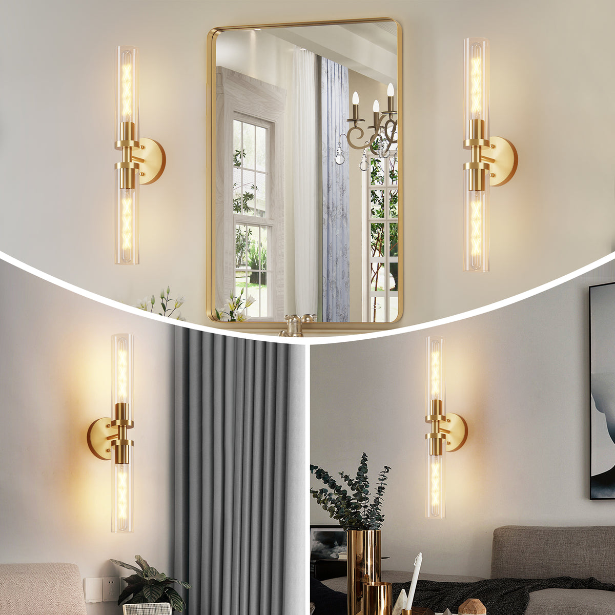 Wall Sconces Set of Two, Hardwired Gold Bathroom Sconces Wall Lighting with Clear Glass, Modern Sconces Wall Decor Set of 2 Wall Light fixtures for Bathroom Mirror Hallway (Bulbs Not Included)