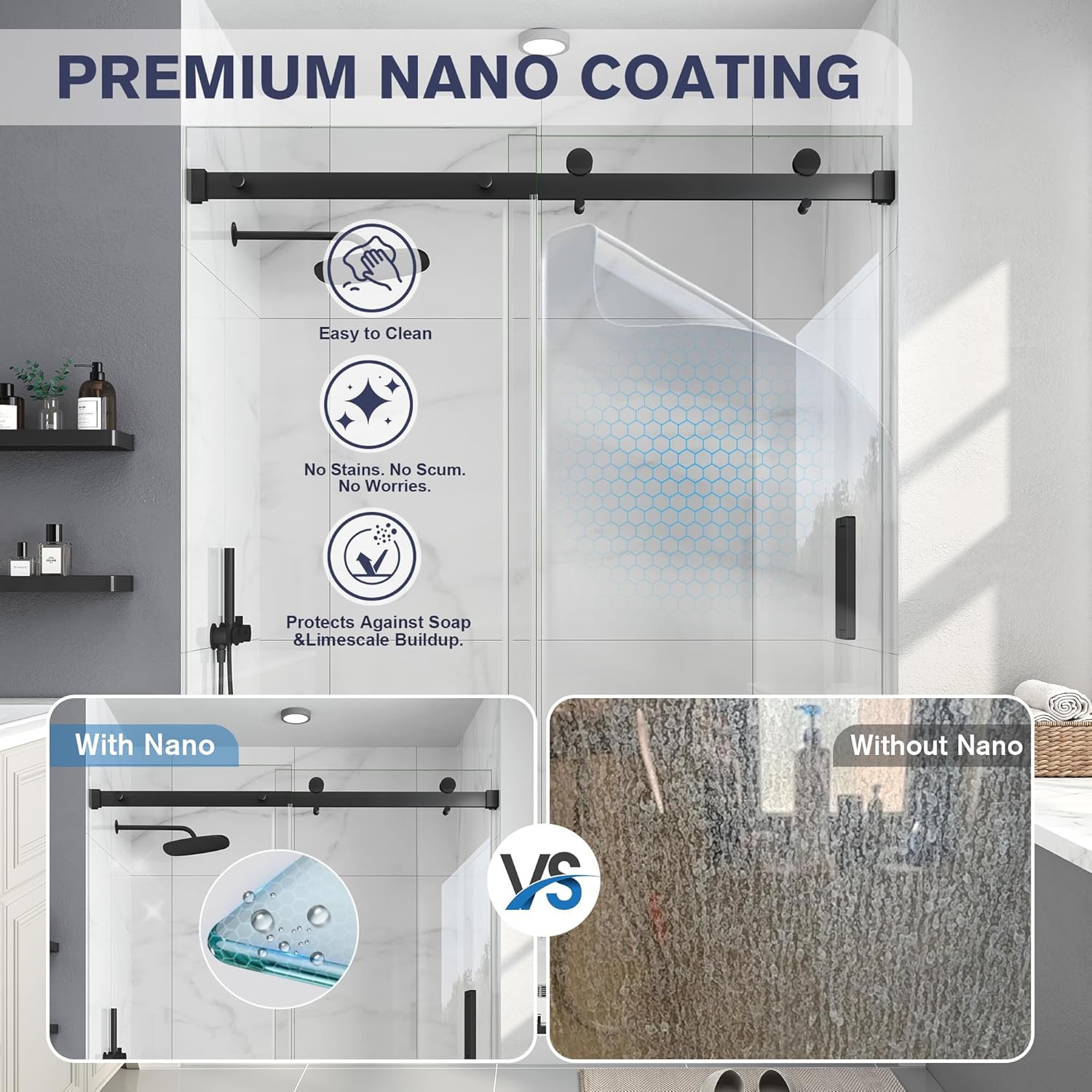 Porte de douche coulissante sans cadre KPUY 76" H | Largeur ajustable (43" - 60") | Verre trempé SGCC 1/4"