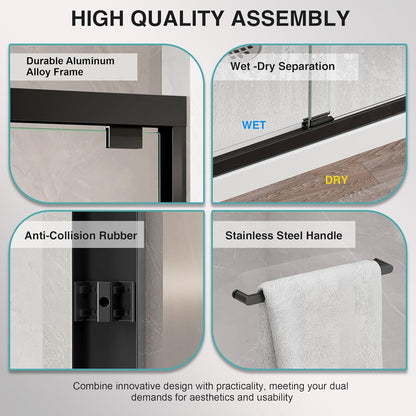 KPUY S0102 Double Sliding Shower Door 43-48" W x 76" H - Matte Black | Semi-Frameless