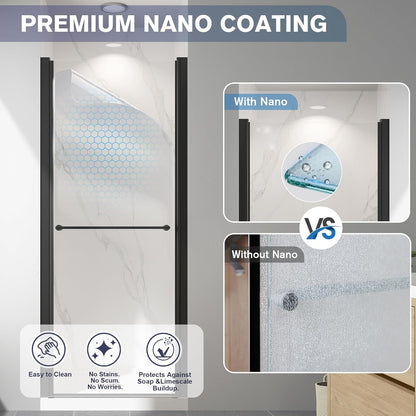 Comparison of shower door with and without premium nano coating, highlighting features like easy cleaning and resistance to soap and lime scale buildup.