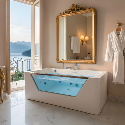 KPUY 67 Inch Whirlpool Bathtub with Glass Panel | 7 Hydro-Massage Jets & LED Lights