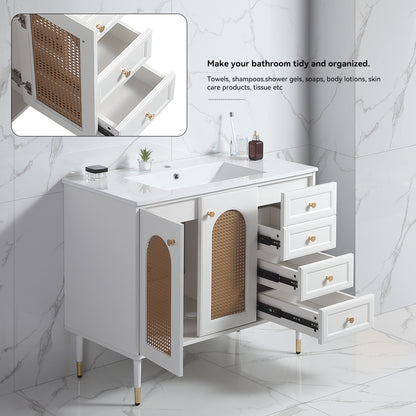 36" Bathroom Vanity with Ceramic Basin, Rattan Bathroom Storage Cabinet with Two Doors and Drawer