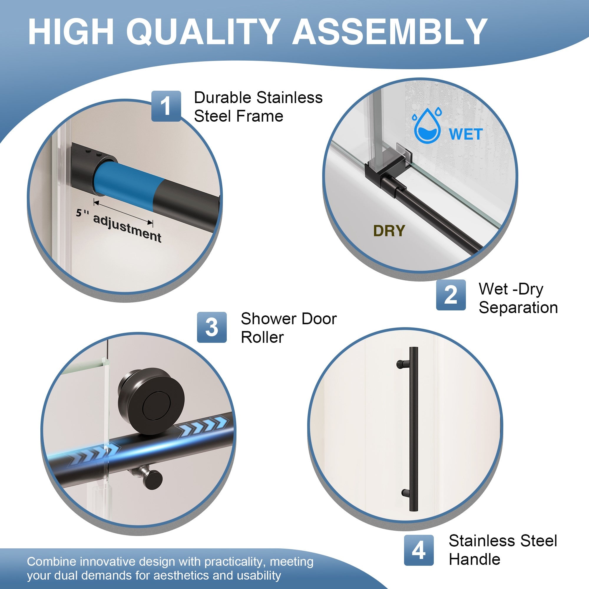 Frameless Stainless Steel Sliding Bathtub Door Series - 60" H Quiet Glide (Multi-Size & Quad-Color)