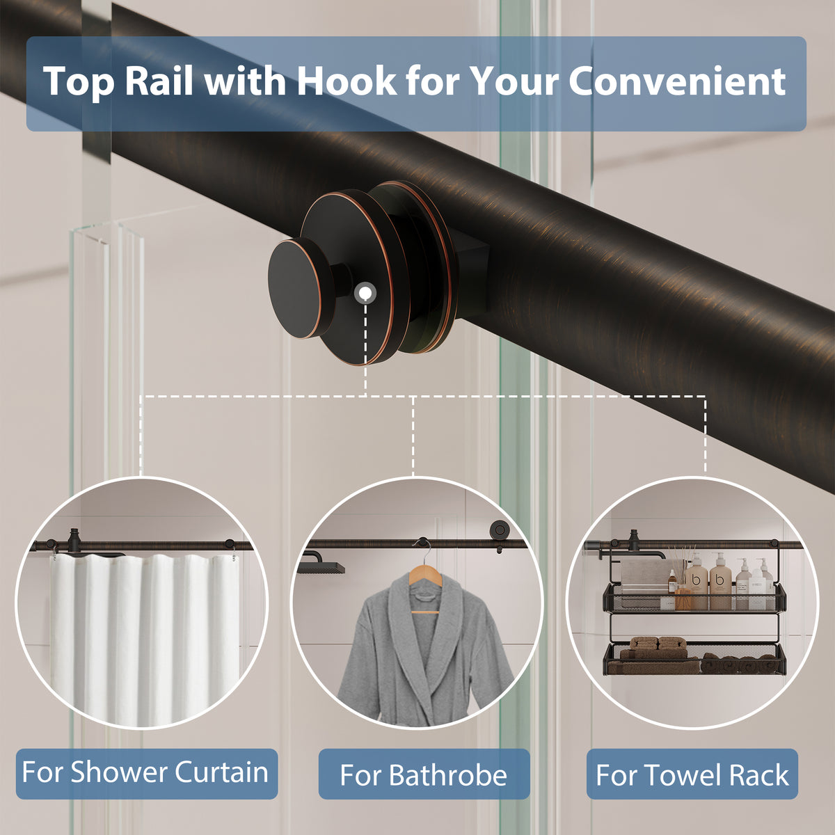 KPUY Frameless Sliding Shower Door, 1/4" Tempered Glass, Oil Rubbed Bronze – 76" H