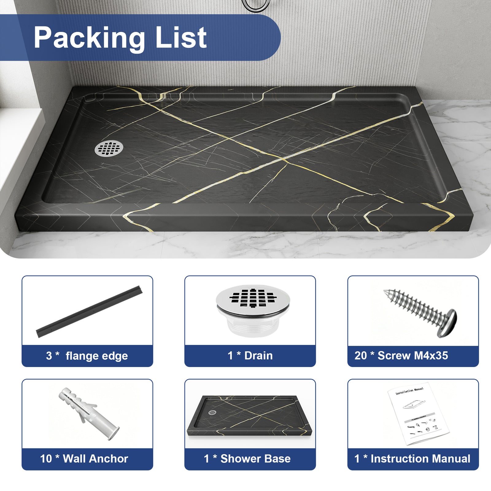 KPUY Rectangular Acrylic/ABS Shower Base Pan, Black Gold Stone-Look, Multiple Sizes