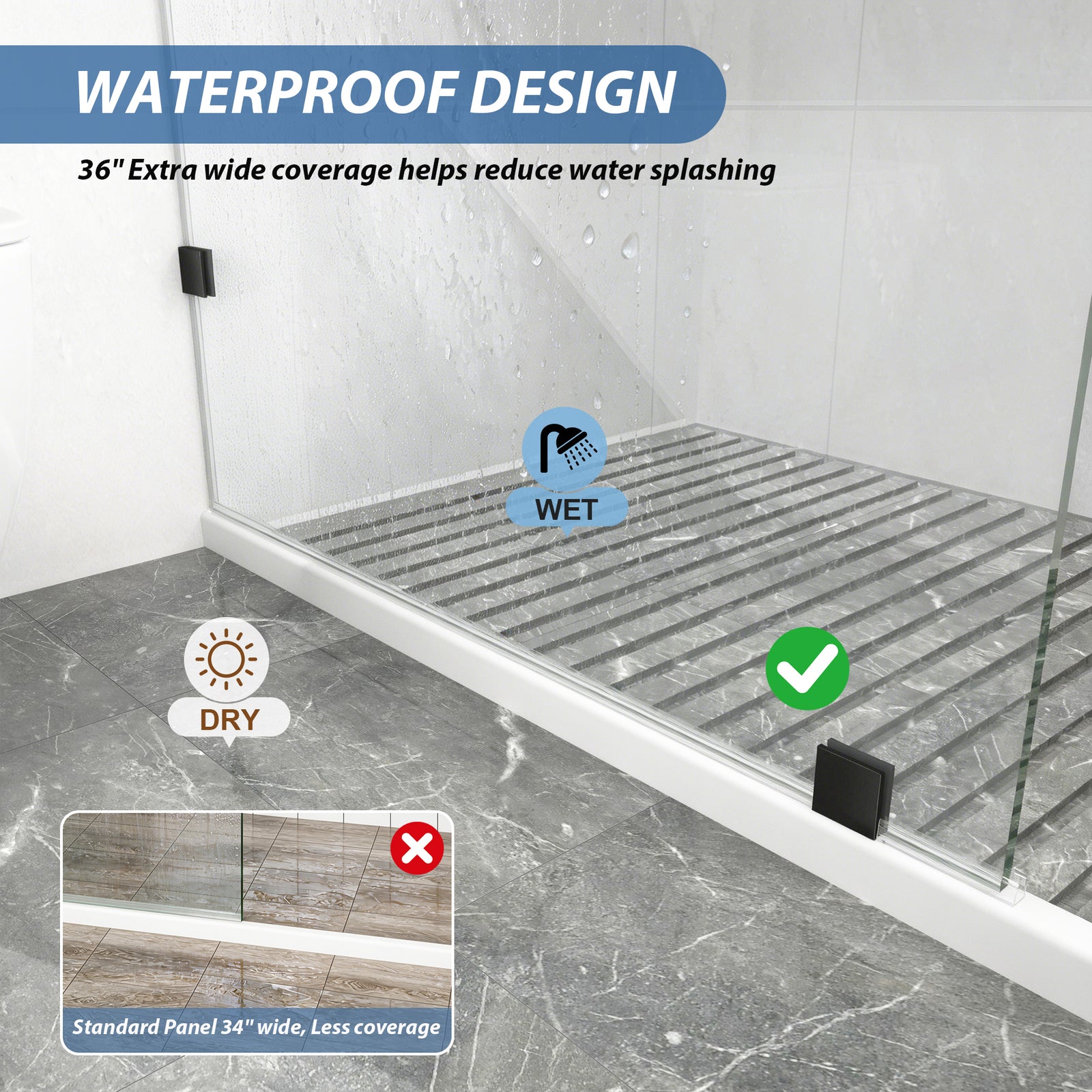 Matte Black Fixed Glass Shower Panel, 36 in. W x 76 in. H, Frameless Shower Screen, Model S97A