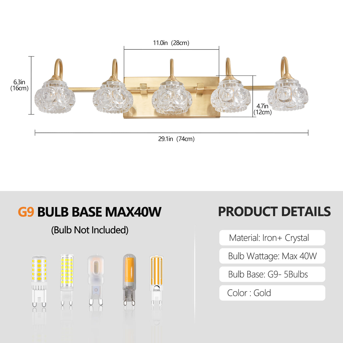 29" Modern Crystal Bathroom Vanity Light, 5-Light Golden Wall Sconce with Clear Glass Shade, Elegant Wall Mount Lighting for Bathroom, Powder Room, or Vanity Mirror (No Bulbs)