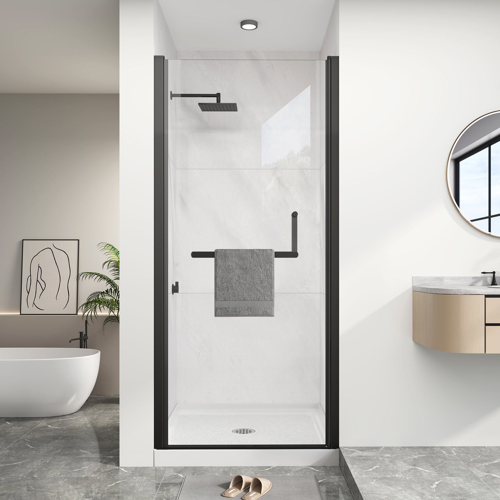 Matte Black Pivot Shower Door, 26–28 in. W x 72 in. H, Frameless Single Swing Glass Shower Door, Model S9301B