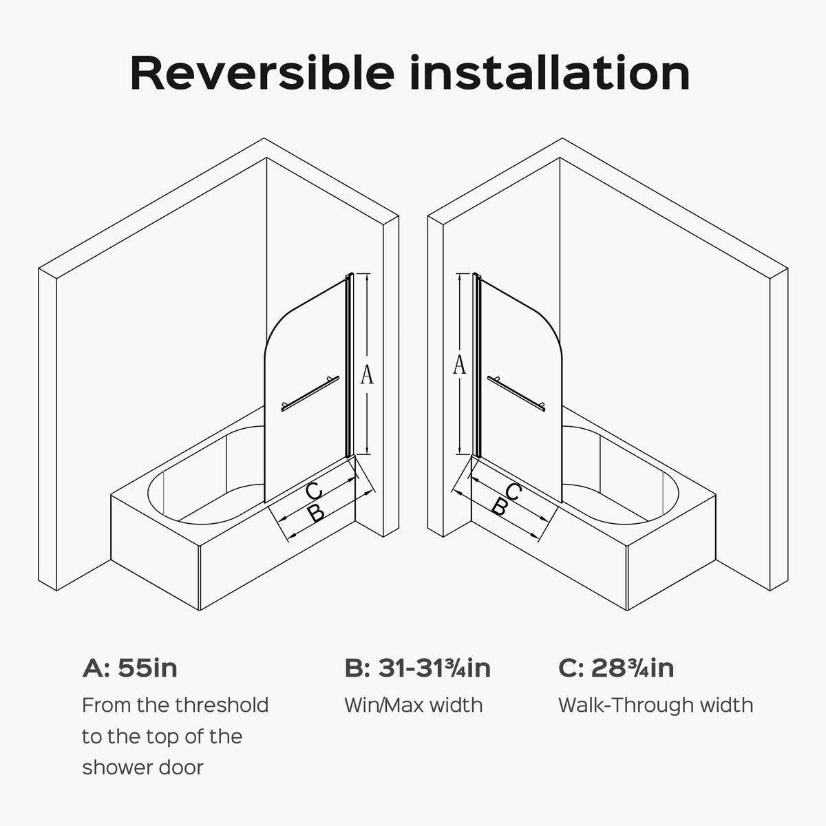 31 in. W * 55 in. H Frameless Shower Doors for Bathtub, 1/4" (6mm) Thick SGCC Tempered Glass Door, Pivot Shower Door Panel for Bathroom, Chrome