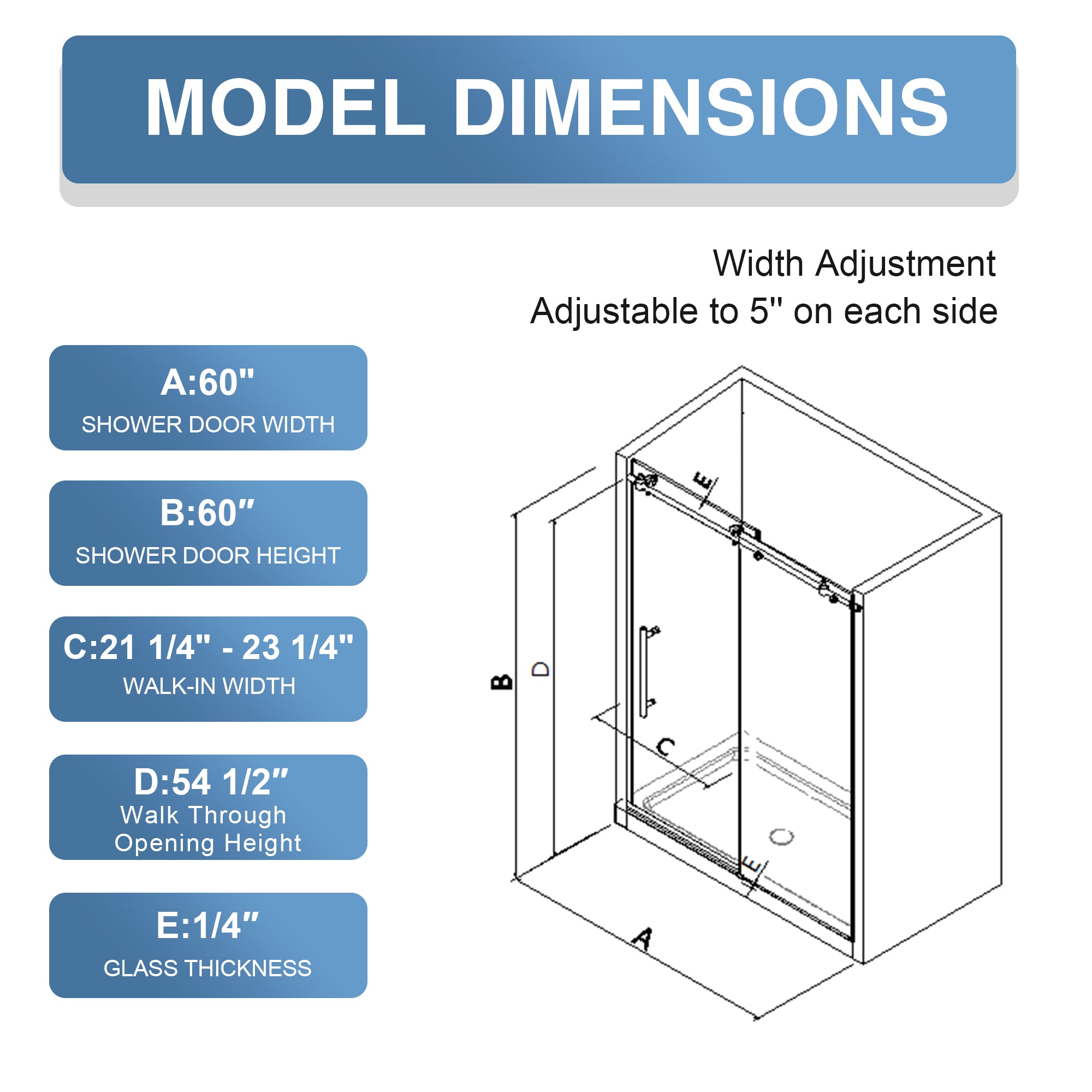 Frameless Stainless Steel Sliding Bathtub Door Series - 60" H Quiet Glide (Multi-Size & Quad-Color)