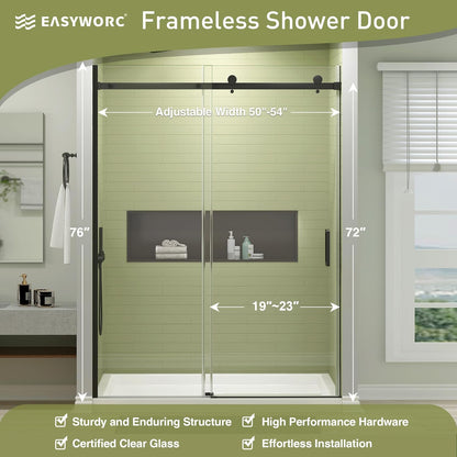 Frameless Shower Door, 50-54" W x 76" H Sliding Glass Shower Door with 1/4" (6mm) Clear Tempered Glass, Reversible Installation, Matte Black
