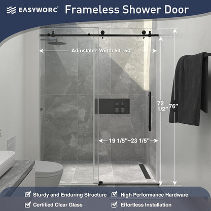 Frameless Shower Door, 50"-54" W x 76" H Sliding Glass Shower Door with 1/4" (6mm) Clear SGCC Tempered Glass, Silent Soft-Close Design, Stainless Steel Frame, Matte Black