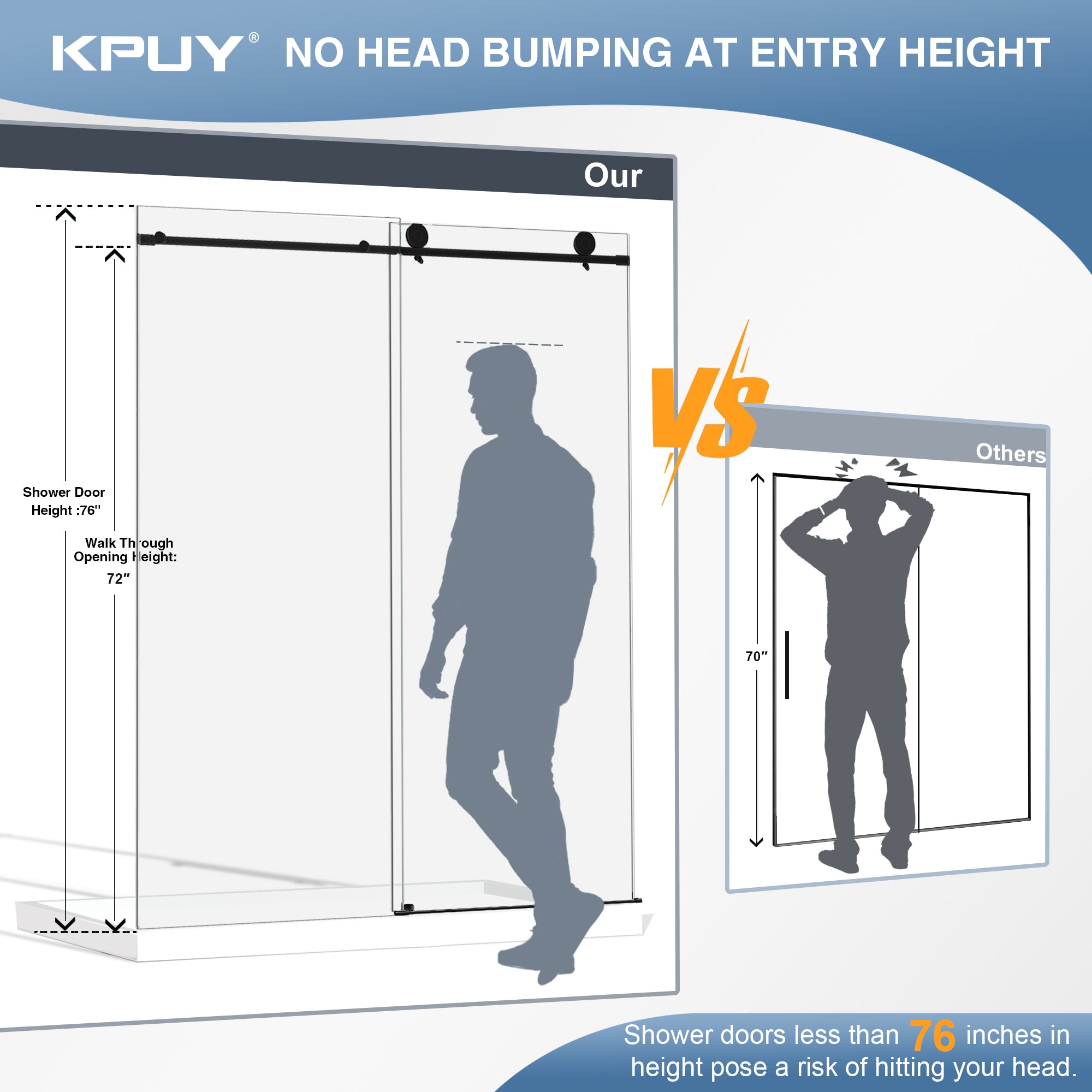 KPUY S9811 Frameless Sliding Shower Door - 56-60" x 76" Wide Matte Black Glass Enclosure-KPUY