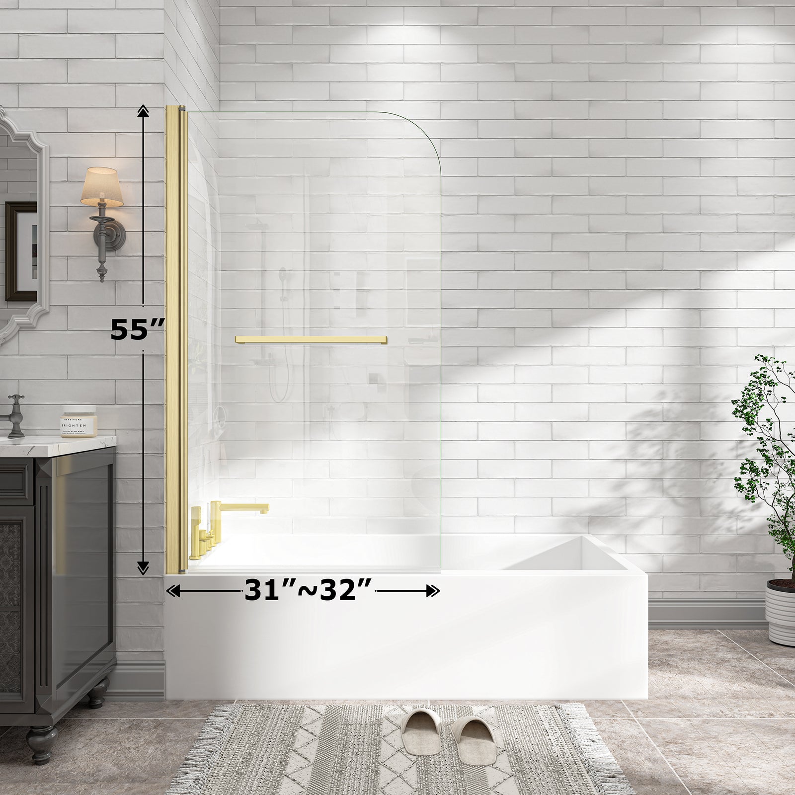 KPUY 32" x 55" Frameless Bathtub Screen | 180° Pivot Shower Door | Reversible