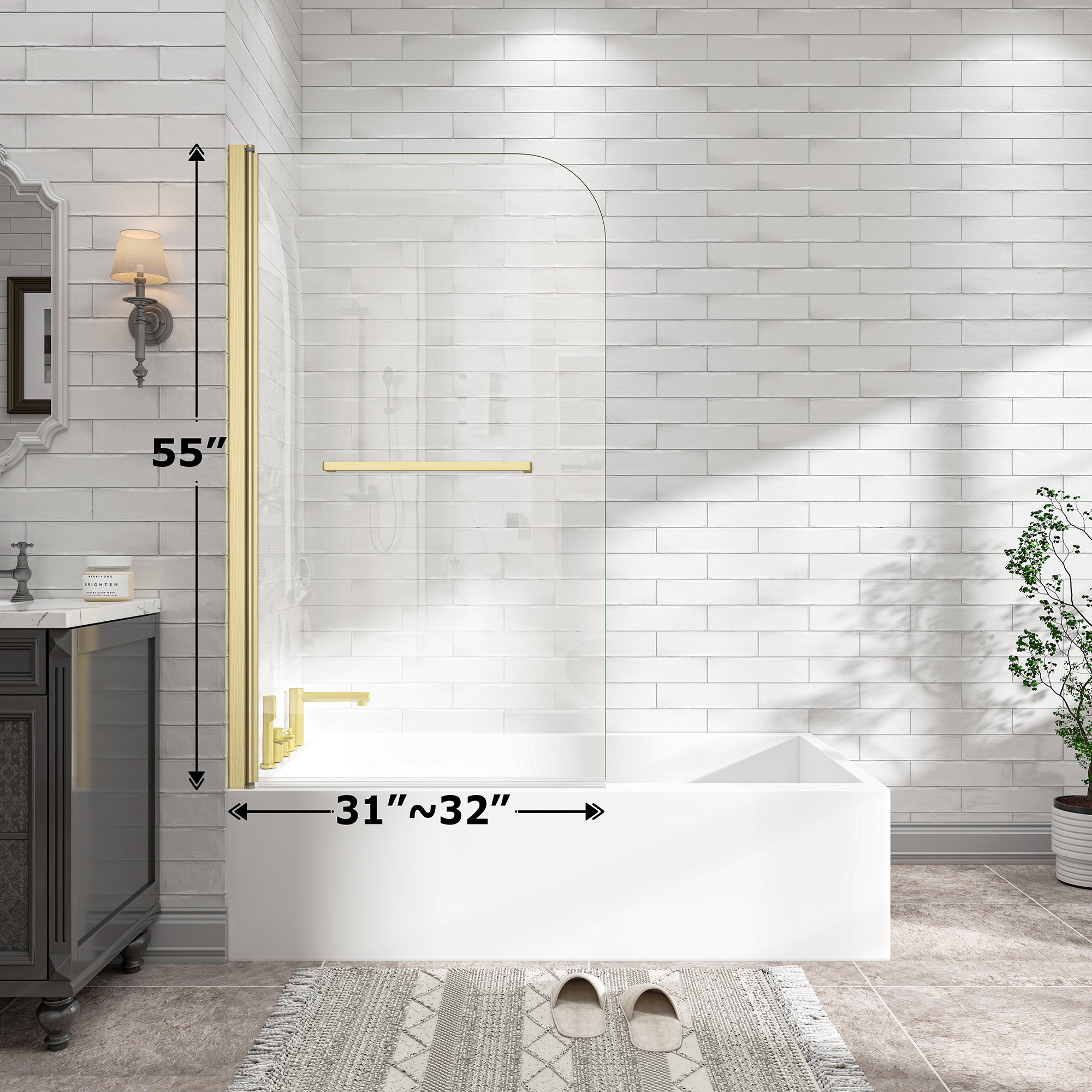 KPUY 32" x 55" Frameless Bathtub Screen | 180° Pivot Shower Door | Reversible
