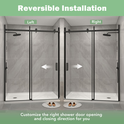 KPUY 9711 Frameless Shower Door, 50-54" W x 76" H Sliding Glass Shower Door, 1/4" (6mm) Thick Tempered Clear Glass with Explosion-Proof Film Nano Coating in Matte Black Finish