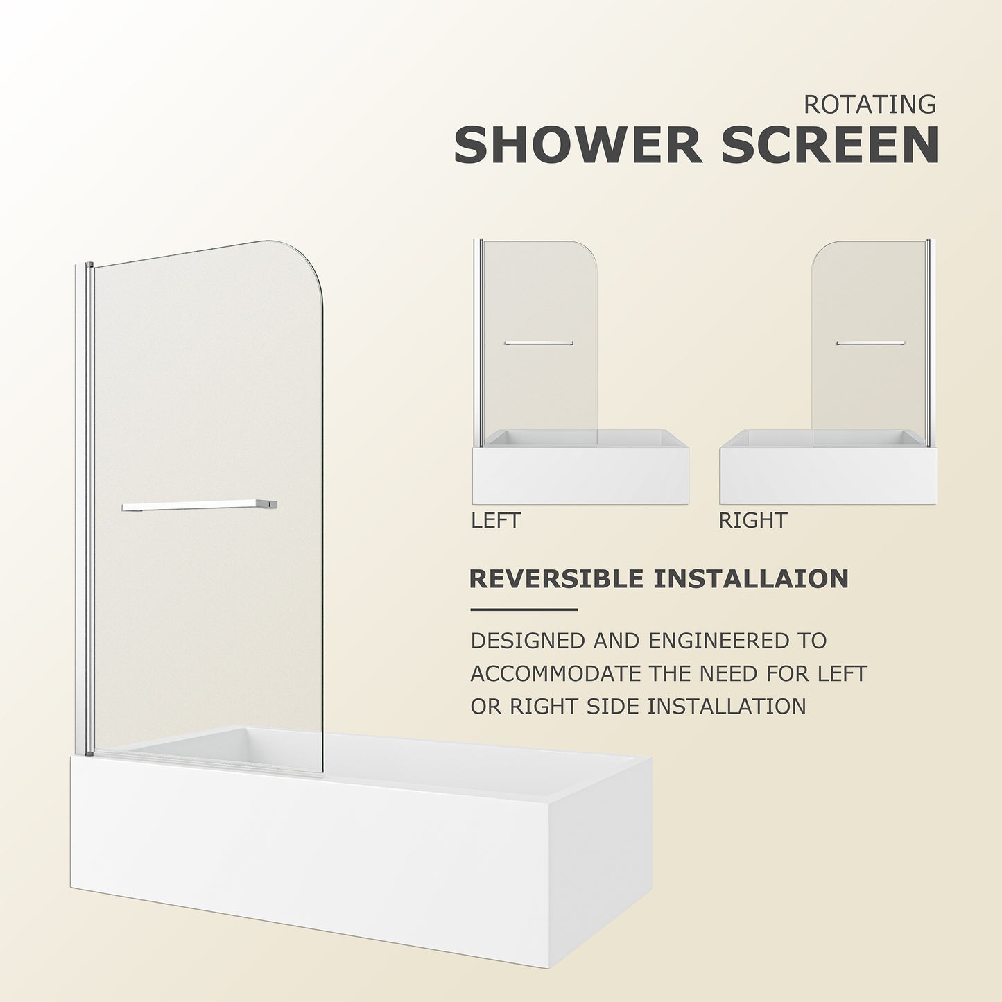 KPUY 32" x 55" Frameless Bathtub Screen | 180° Pivot Shower Door | Reversible