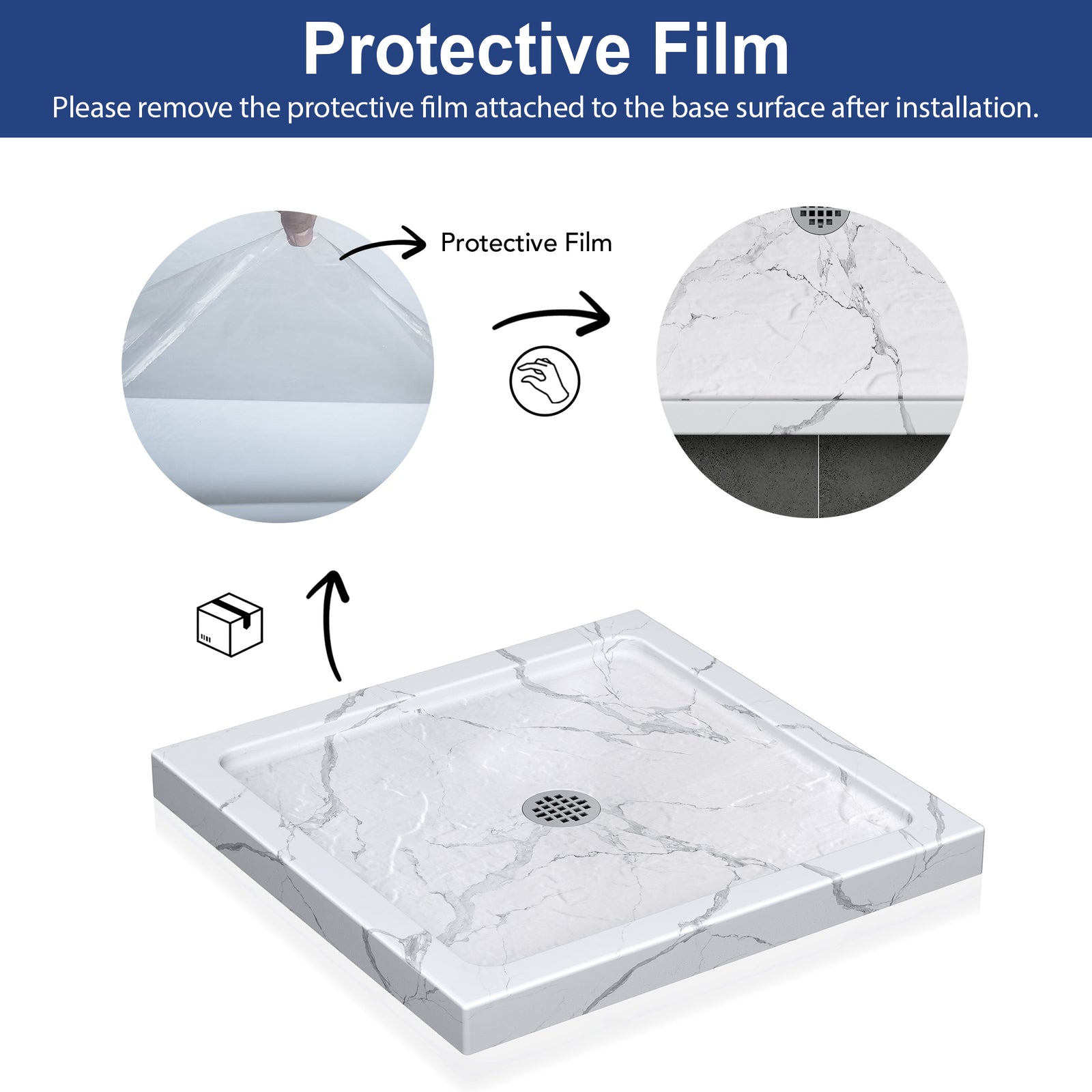 KPUY Square Acrylic/ABS Shower Base Pan with Center Drain, Carrara White Stone-Look