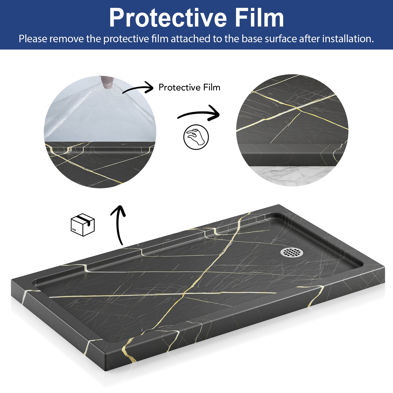 KPUY Rectangular Acrylic/ABS Shower Base Pan, Black Gold Stone-Look, Multiple Sizes