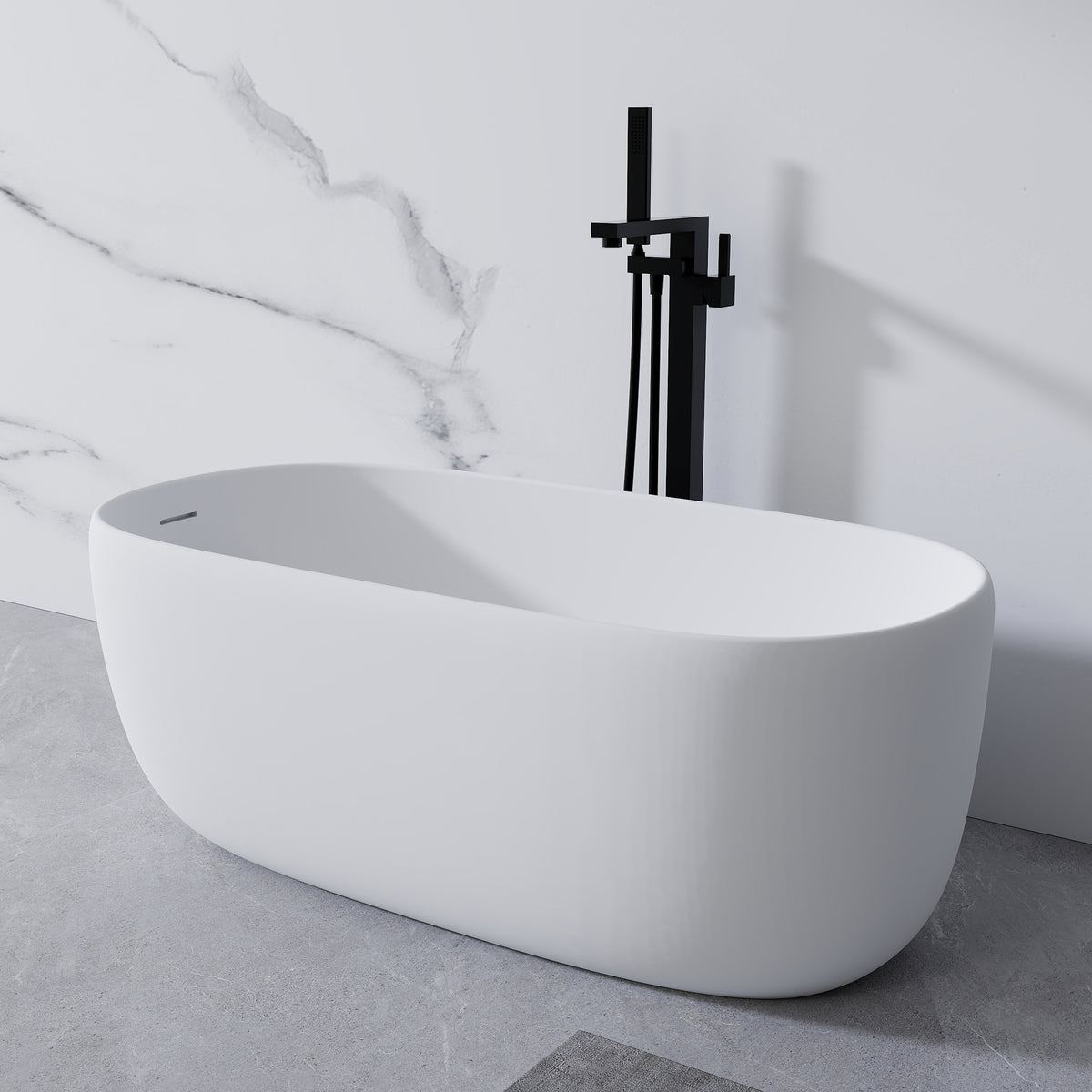 51'' Freestanding Bathtub Resin Stone Soaking Bathtub Solid Surface Modern Tubs with Overflow and Pop-up Drain in White/2130380