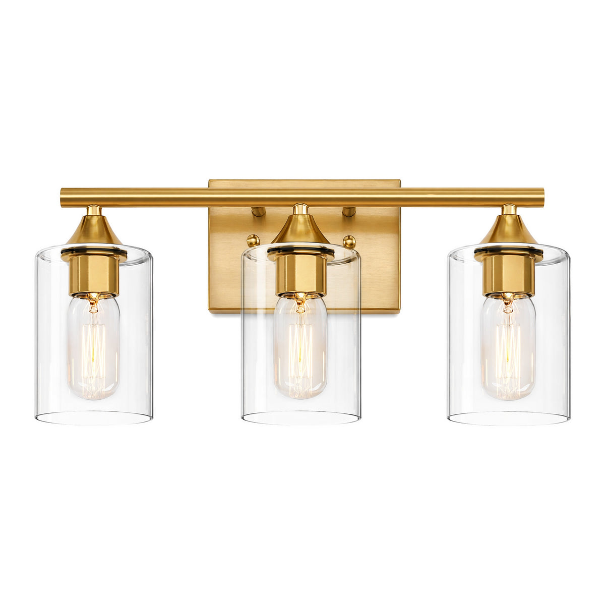 3-Light Brushed Gold Bathroom Vanity Light Fixture, Anti-Rust Metal Wall Mount Lamp with Clear Glass Shade, Modern Farmhouse Wall Sconce for Restroom & Dressing Room(No light bulb)