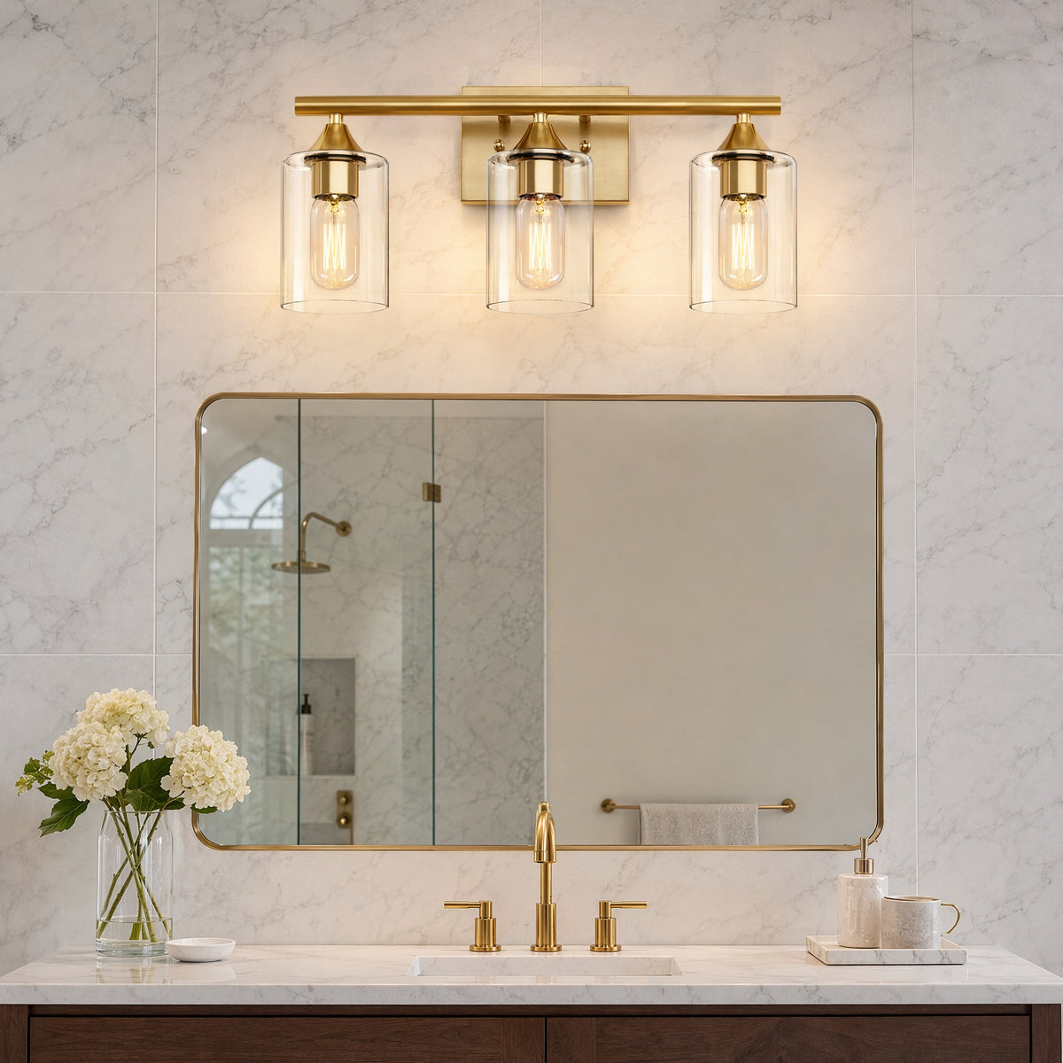 3-Light Brushed Gold Bathroom Vanity Light Fixture, Anti-Rust Metal Wall Mount Lamp with Clear Glass Shade, Modern Farmhouse Wall Sconce for Restroom & Dressing Room(No light bulb)