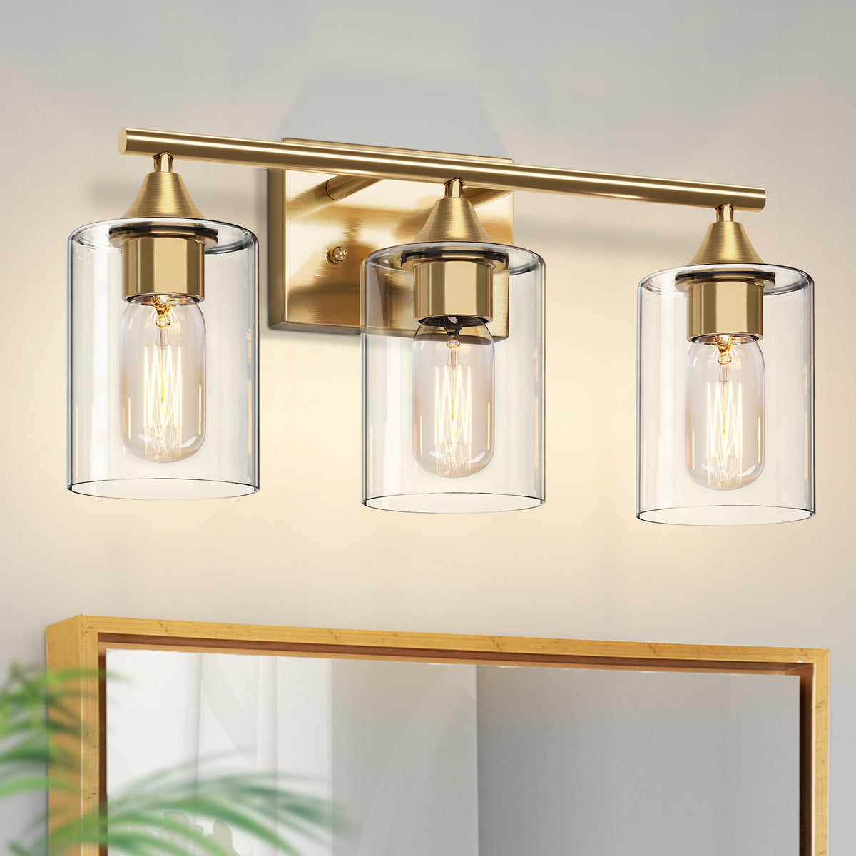 3-Light Brushed Gold Bathroom Vanity Light Fixture, Anti-Rust Metal Wall Mount Lamp with Clear Glass Shade, Modern Farmhouse Wall Sconce for Restroom & Dressing Room(No light bulb)