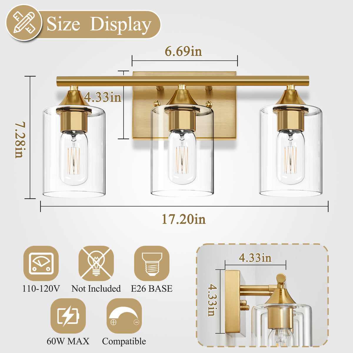 3-Light Brushed Gold Bathroom Vanity Light Fixture, Anti-Rust Metal Wall Mount Lamp with Clear Glass Shade, Modern Farmhouse Wall Sconce for Restroom & Dressing Room(No light bulb)