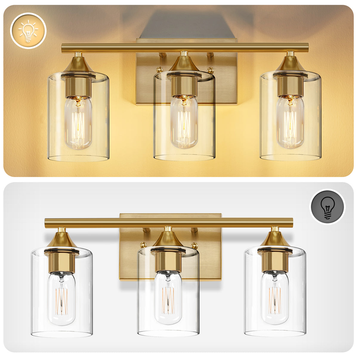 3-Light Brushed Gold Bathroom Vanity Light Fixture, Anti-Rust Metal Wall Mount Lamp with Clear Glass Shade, Modern Farmhouse Wall Sconce for Restroom & Dressing Room(No light bulb)